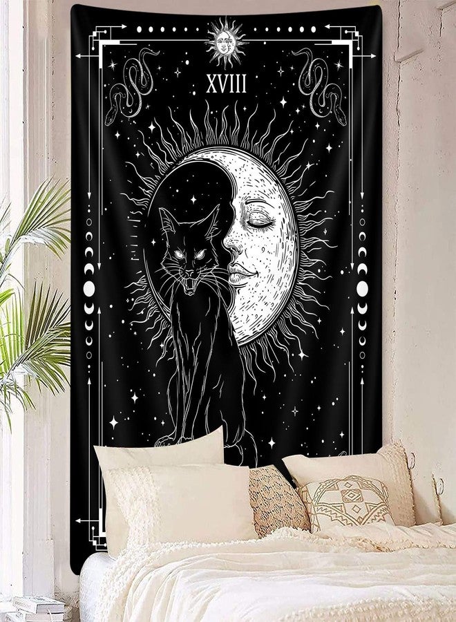 GOAOK Gothic Black Cat Vertical Tapestry, Witchy Black and White Tarot Card Wing Bat Cat Cool Tapestries for Men, Moon Phases Aesthetic Anime Witchcraft Satanic Art Tapestry Wall Hanging for Bedroom Living Room Poster, 40X60Inch - Image 3